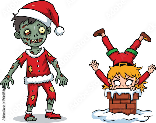 Funny Christmas zombie in Santa costume and playful elf girl upside down in snowy chimney cartoon winter holiday illustration.
