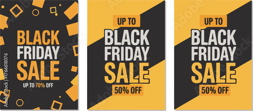 Three black friday sale posters with discounts sale, friday, black, posters, discounts, marketing, promotion, advertising, yellow, event, offer, retail, three