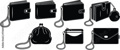 Wallet and coin purse silhouettes, bi-fold design, clasp closure, cardholder, envelope wallet, chain strap, black icons, fashion accessory