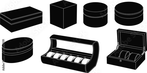 Watch box silhouettes, wristwatch holders, oval and cylindrical cases, open lid display, black icons, timepiece packaging, accessory layout