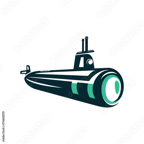 Teal Submarine Vector Illustration on White A solid teal submarine submerged just below ocean surface