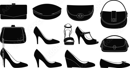 Women’s fashion silhouettes, handbags, clutches, high heels, wedge shoes, flats, vintage purses, black icons, accessory layout, style reference
