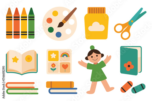Kids crafts flat icon set featuring crayons, color palette, playdough, scissors, coloring book, toy blocks and doll, creative hobby and childhood art activity illustration