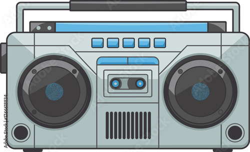 Vintage boombox illustration, retro cassette player, 80s music culture, portable stereo, audio equipment, street music, classic radio, nostalgia, vector, art