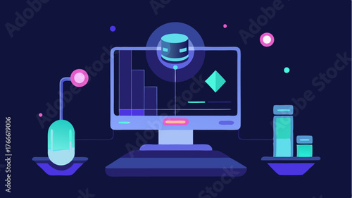 A futuristic desktop setup with a floating holographic AI assistant providing realtime data and suggestions.