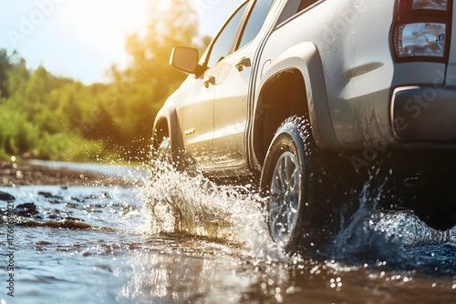 A silver pickup truck crossing a shallow stream water splashing around the tires under warm sunlight with clear space