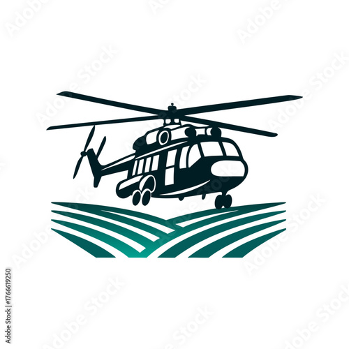 Cargo Helicopter Hovering Over Field Illustration A solid navy cargo helicopter hovering above an open field