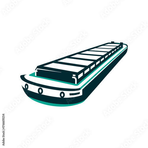 Minimalist Cargo Barge Illustration on White A solid indigo cargo barge floating down a wide river