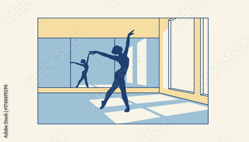Ballet dancer in a sunlit studio practicing an elegant pose, mirror reflection capturing graceful movement and focused discipline during training and rehearsal