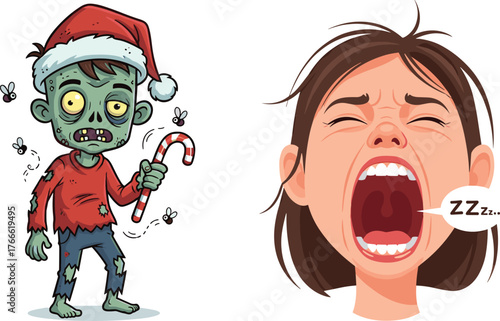 Funny Christmas zombie in Santa hat holding candy cane next to sleepy yawning girl cartoon illustration for holiday humor concept