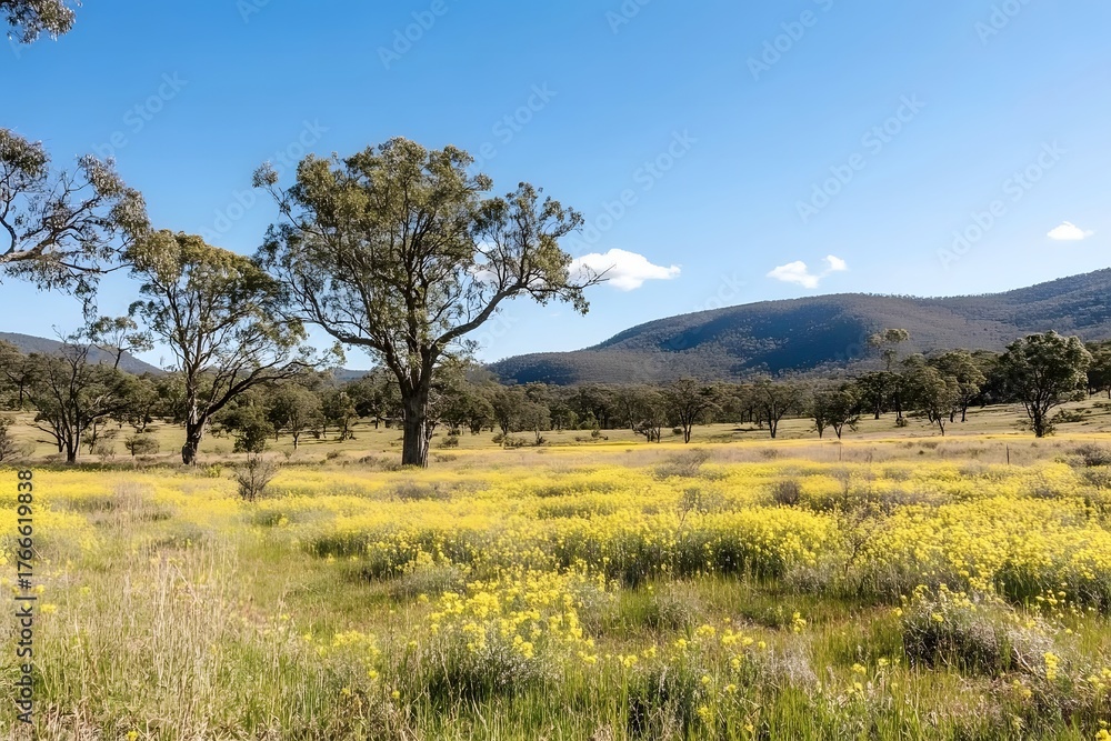 Fototapeta premium A golden canola field in full bloom with a bright blue sky and distant rolling hills