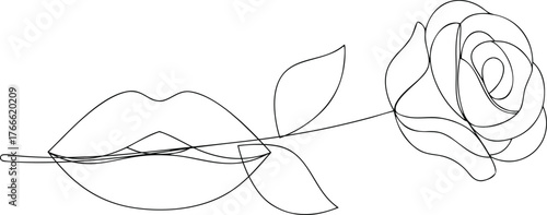 Single line drawing of lips and rose flower continuous line