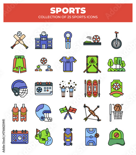Collection of 25 Sport Icons.  A Vibrant Set of Sport Equipment. Uniforms. and Venues