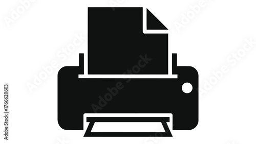 Black printer icon with paper on, symbolizing office equipment and document output