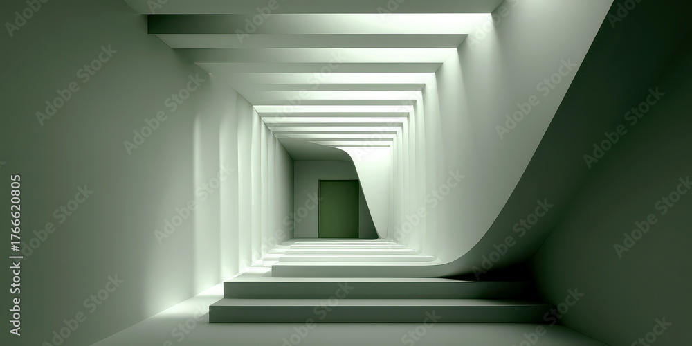 Obraz premium Minimalist Architectural Corridor with Curved Walls Stairs and Light Green Door