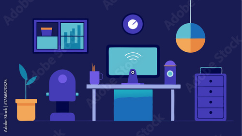 A home office equipped with a smart speaker featuring illustration of voice commands activating a virtual assistant and managing tasks.