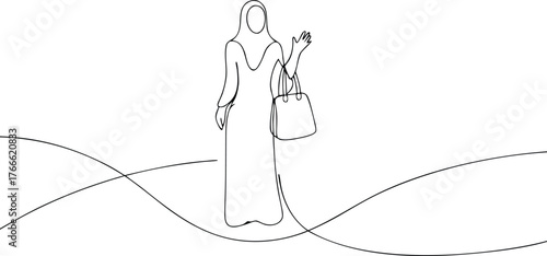 Woman in hijab waving hand holding handbag one line drawing