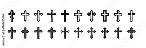 Black of Christian crosses in distressed styles, featuring various shapes on a white background, icon sheet in grunge style. Christian cross set. Abstract religious cross icons, vector illustration.