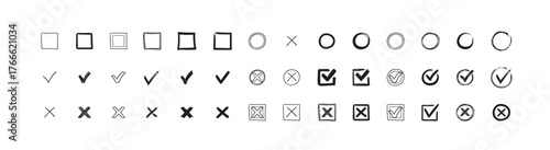 Doodle hand drawn chalk check mark set. sketch check boxes, tick and cross symbols. tick cross signs. Crayon grunge check mark elements.  isolated on white background, vector illustration.