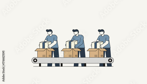 Workers efficiently packing products into cardboard boxes on a moving conveyor belt, representing concepts of manufacturing, logistics, and supply chain processes