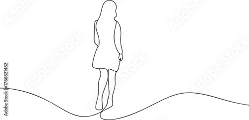 Woman in dress standing facing away from viewer line drawing