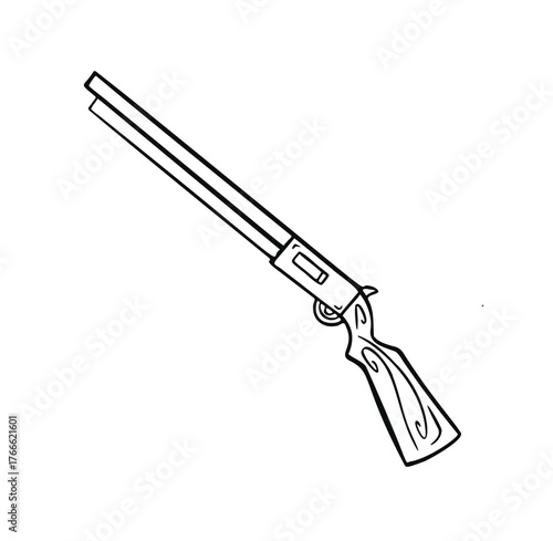 black and white linear sign, designation silhouette shotgun weapon, hand drawn illustration vector