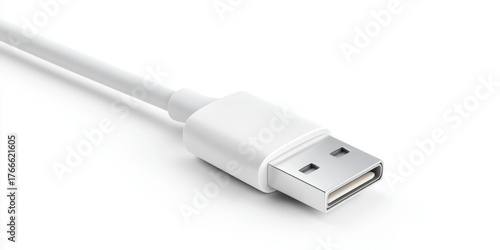 Close-up of a white USB-A cable connector o, A detailed view of a standard USB-A male connector and white cable, isolated on a bright white surface, ready for data transfer or charging.