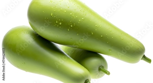 Vibrant organic green bottle gourds, glistening with water droplets, ready for preparing nutritious meals and wholesome culinary creations