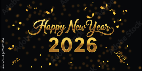 Happy new year with golden confetti and 2026 text on a black background for celebration time