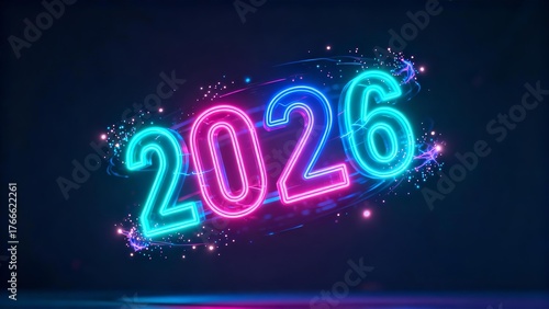 Glowing Neon 2026 Future Projection Dynamic Digital Banner for New Year Celebration and Technology Event