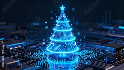 Futuristic Blue Circuit Christmas Tree on Motherboard for High Tech Digital Holiday Greetings and IT Sales
