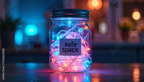Brightly lit safe space jar with colorful string lights inside creates sense of safety. Safe space concept includes glowing lights and label, showing comforting environment.