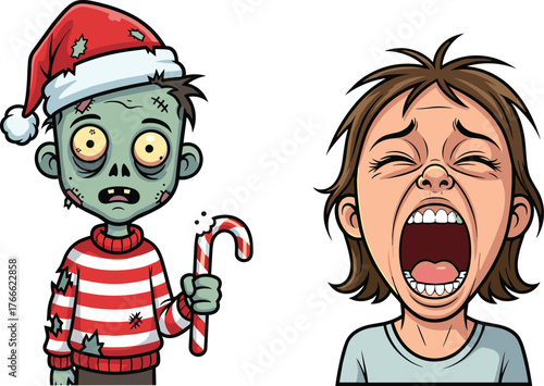 Funny Christmas zombie wearing Santa hat and striped sweater holding candy cane beside yawning sleepy girl cartoon vector illustration design