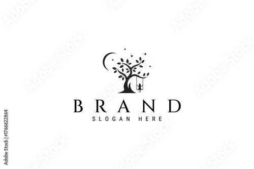 tree logo and child swing on night season with crescent moon ad stars white background