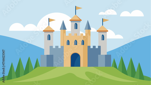 A simplistic design of a grand castle with tall towers and banners set against a serene landscape with rolling hills.