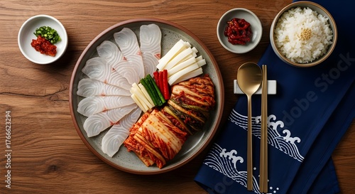 Hongeohoe Samhap with Fermented Skate, Kimchi, and Suyuk Pork on Wooden Table (Korean Cuisine)