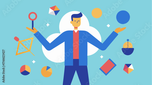 A surreal depiction of a designer juggling design elements tools and concepts showcasing the multifaceted nature of creative agency work.