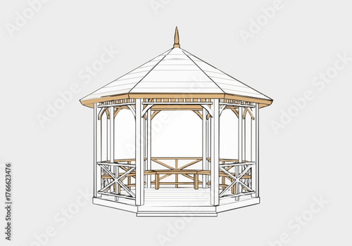 Architectural line drawing of an octagonal wooden garden gazebo.