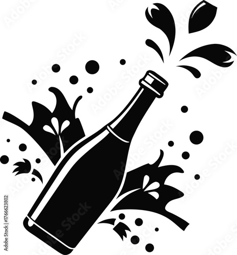  Champagne bottle popping with glasses and splash effect, modern flat style vector  silhouette  vector black , white background