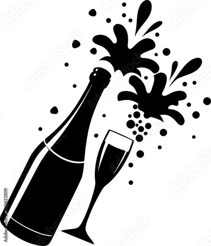  Champagne bottle popping with glasses and splash effect, modern flat style vector  silhouette  vector black , white background