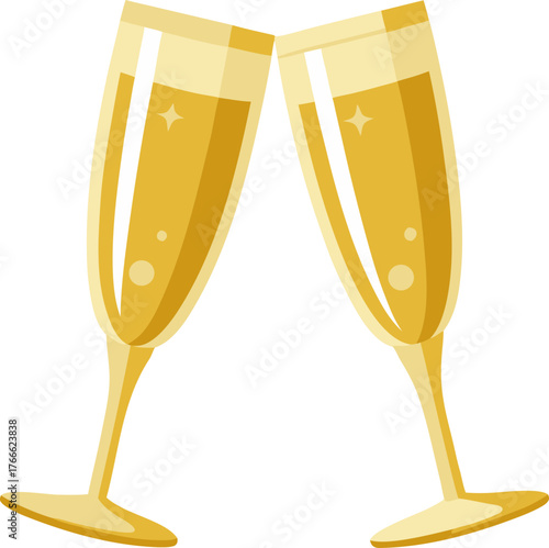 Close-up of two champagne flutes filled with golden drink, isolated on white background, clean vector  white background