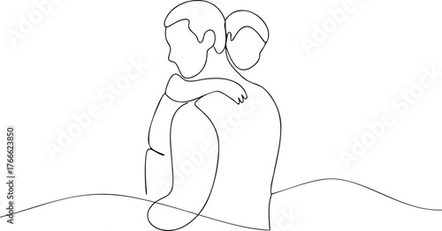 One line drawing of father and child hugging continuous line