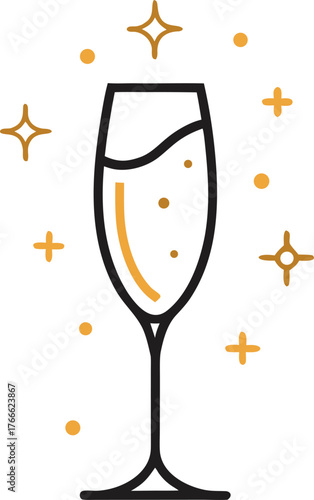  Minimalist champagne glass outline with sparkling stars, black and gold theme, elegant vector design silhouette  vector black , white background