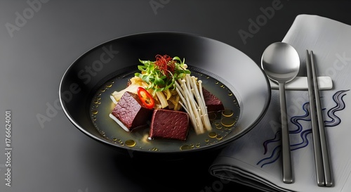 Seonji Haejangguk (Korean Ox Blood Soup) with Enoki Mushrooms, Chili, and Garlic Oil in Fine Dining Presentation (Korean Cuisine)