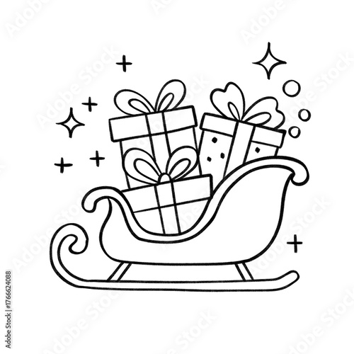 Santa sleigh filled with gift boxes outline illustration, festive holiday scene in black and white cartoon style
