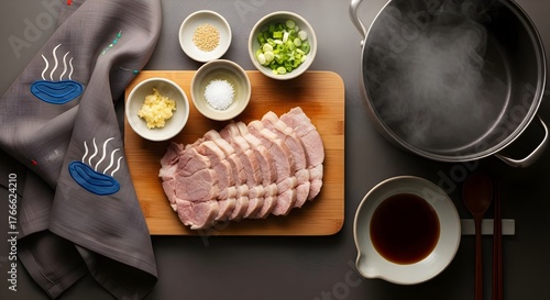 Suyuk Preparation Scene with Steaming Pot, Sliced Pork, and Garnishing Ingredients on Kitchen Countertop (Korean Cuisine)