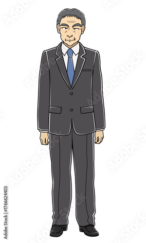 ニヒルな笑みで立っているスーツの中年男性