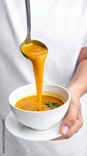 Person pouring orange soup from a ladle into a white bowl, held over a saucer.