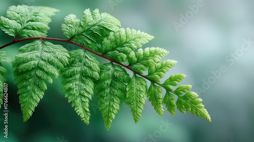 Detailed Close-Up Photo of Lush Green Fern Fronds with Delicate Frost Crystals and a Blurred Forest Background