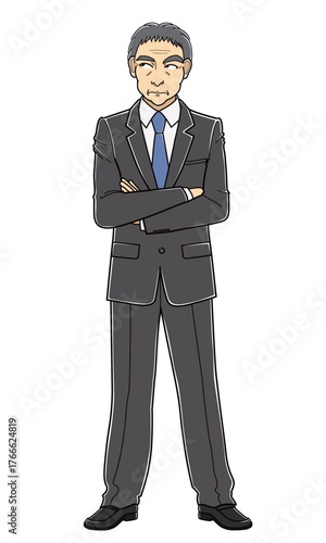 腕を組んで考え事をしているスーツの中年男性